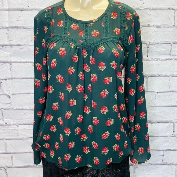 LOFT Womens Green Red Floral Print Lace Trim Long Sleeve Boho Blouse Size Small - Picture 1 of 5